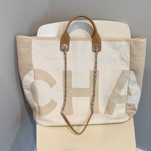 CHANEL Beige and Cream Canvas Logo Tote with Chain-Strap Handles